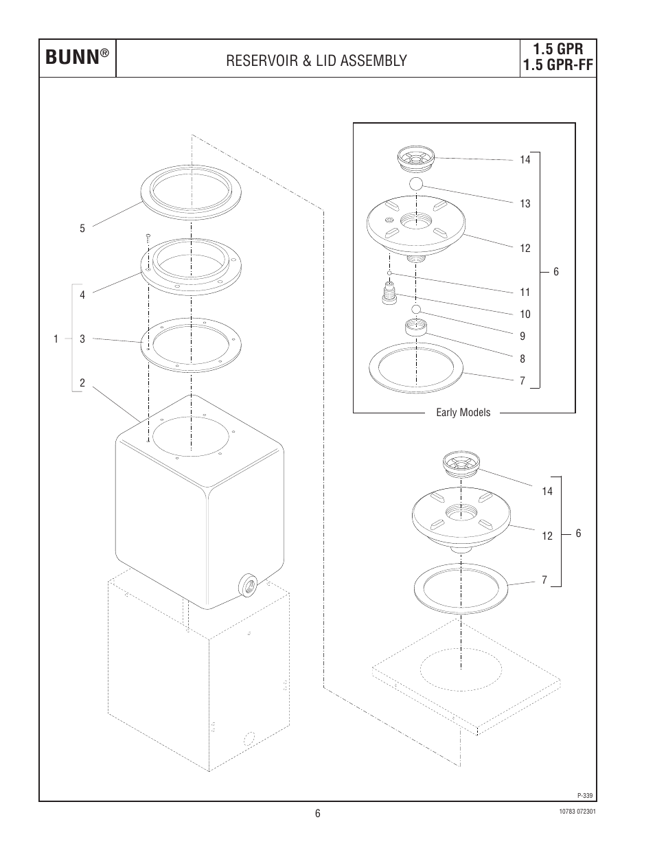 Bunn, 5 gpr 1.5 gpr-ff reservoir & lid assembly | Bunn 1.5 GPR-FF User Manual | Page 6 / 12