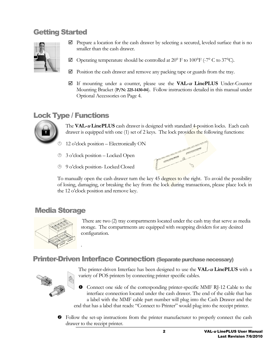 Getting started, Lock type / functions, Media storage | Printer-driven interface connection | MMF POS VAL-u LinePLUS Series User Manual | Page 3 / 7