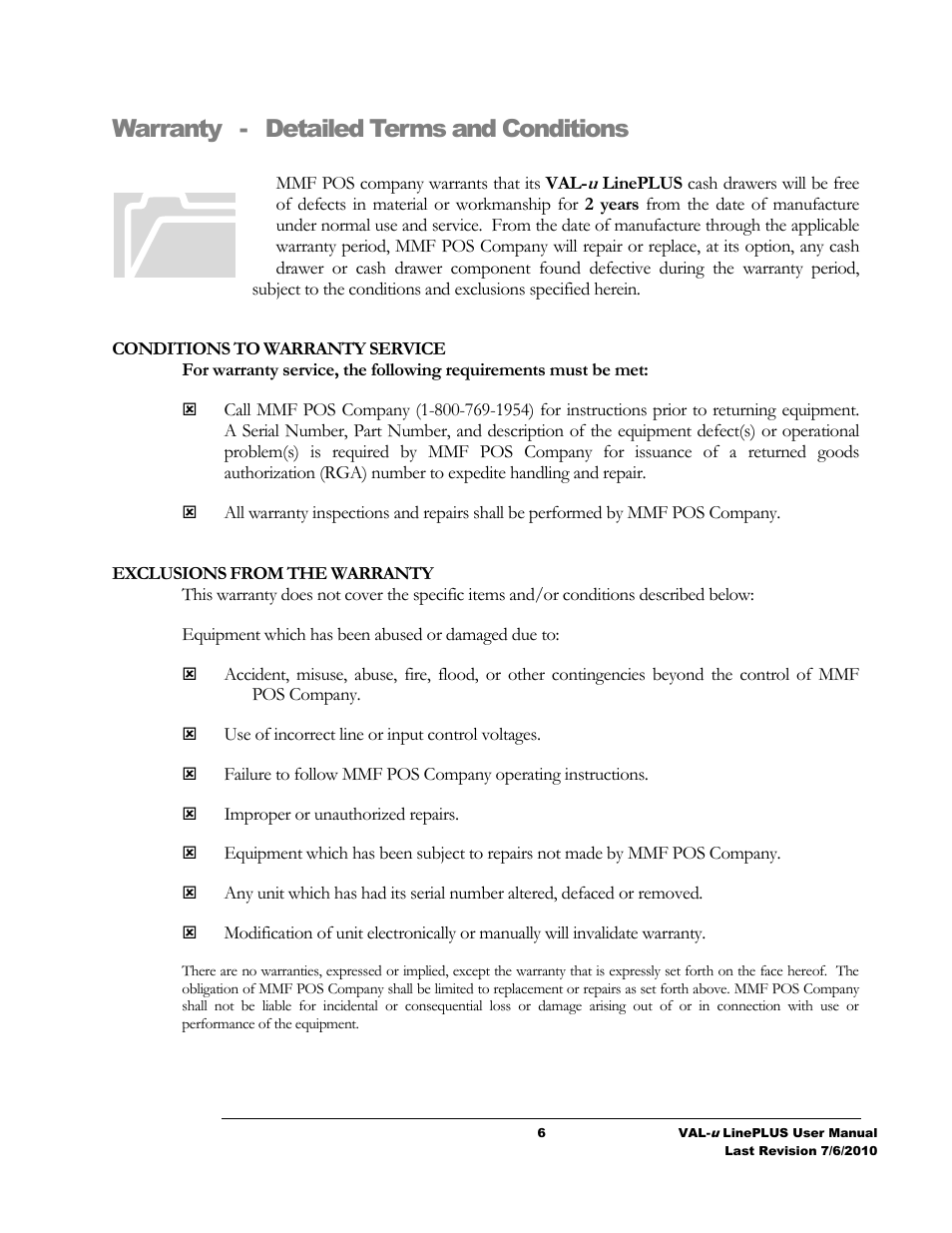 Warranty - detailed terms and conditions | MMF POS VAL-u LinePLUS Series User Manual | Page 7 / 7