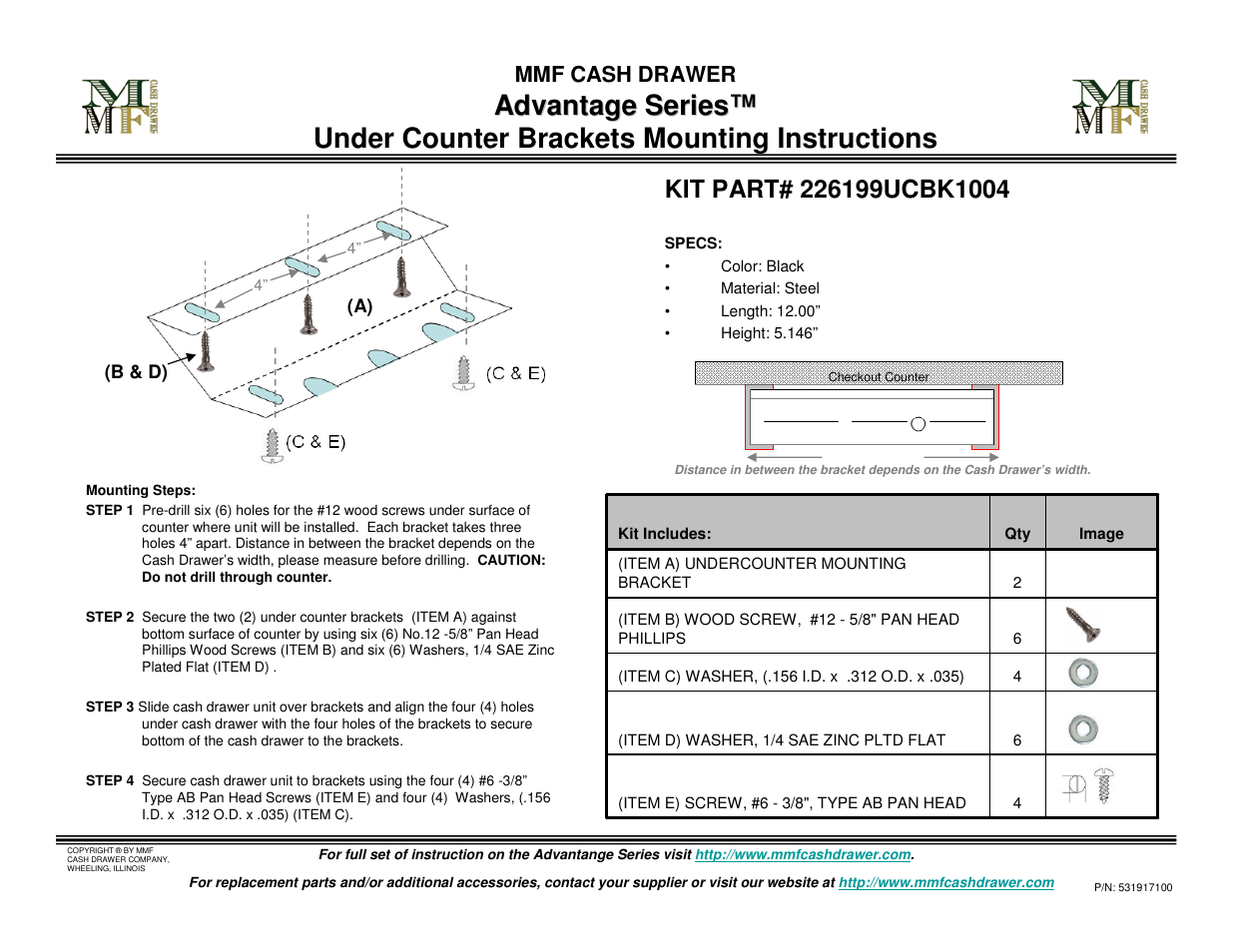 MMF POS Advantage Series Under Counter Brackets Mounting User Manual | 1 page