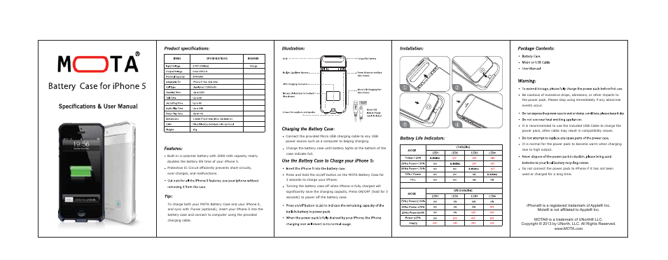 MOTA Battery Case for iPhone5/5s User Manual | 1 page