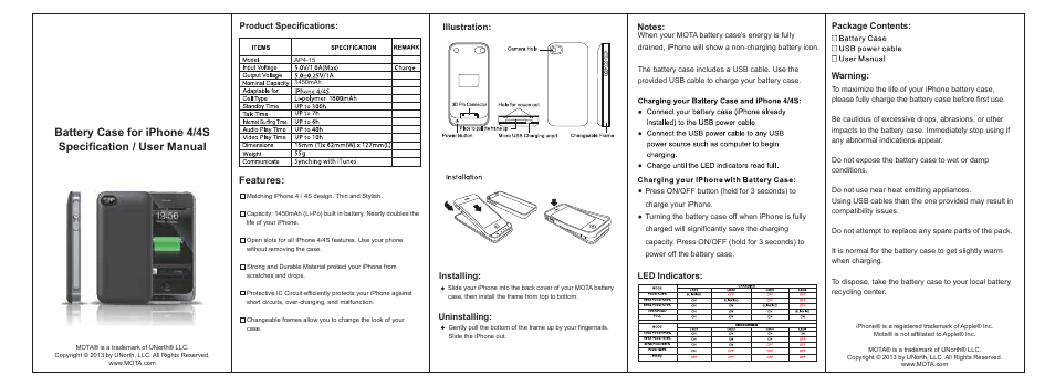 MOTA Battery Case for iPhone 4/4S User Manual | 1 page