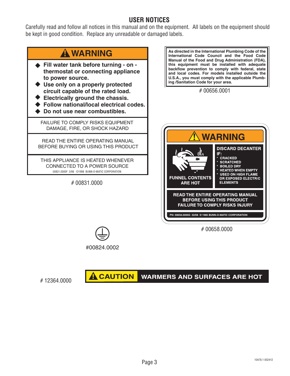 Warning, User notices | Bunn CRT5 User Manual | Page 3 / 7