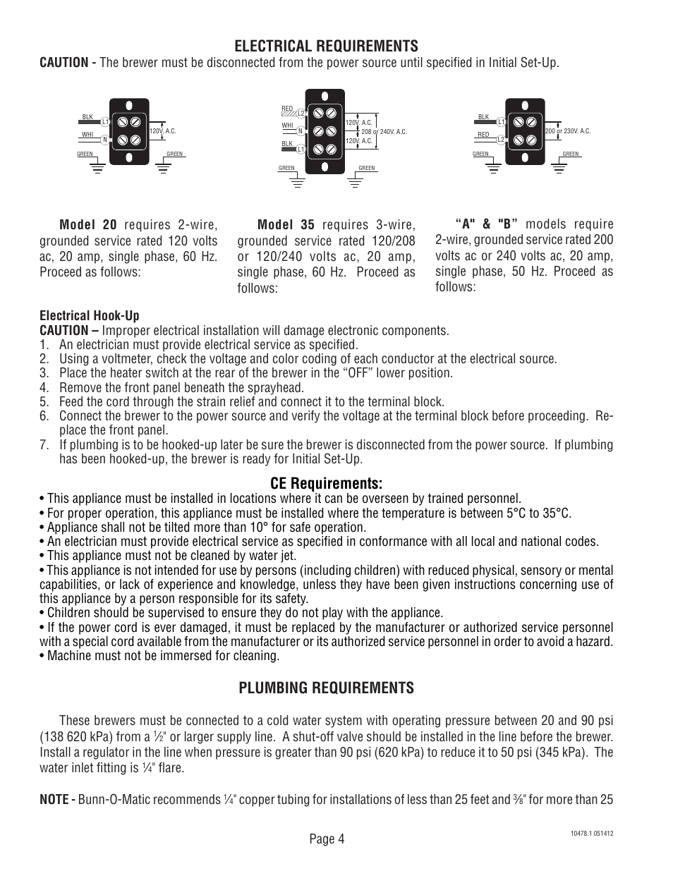 Electrical requirements, Ce requirements, Plumbing requirements | Bunn CRT5 User Manual | Page 4 / 7
