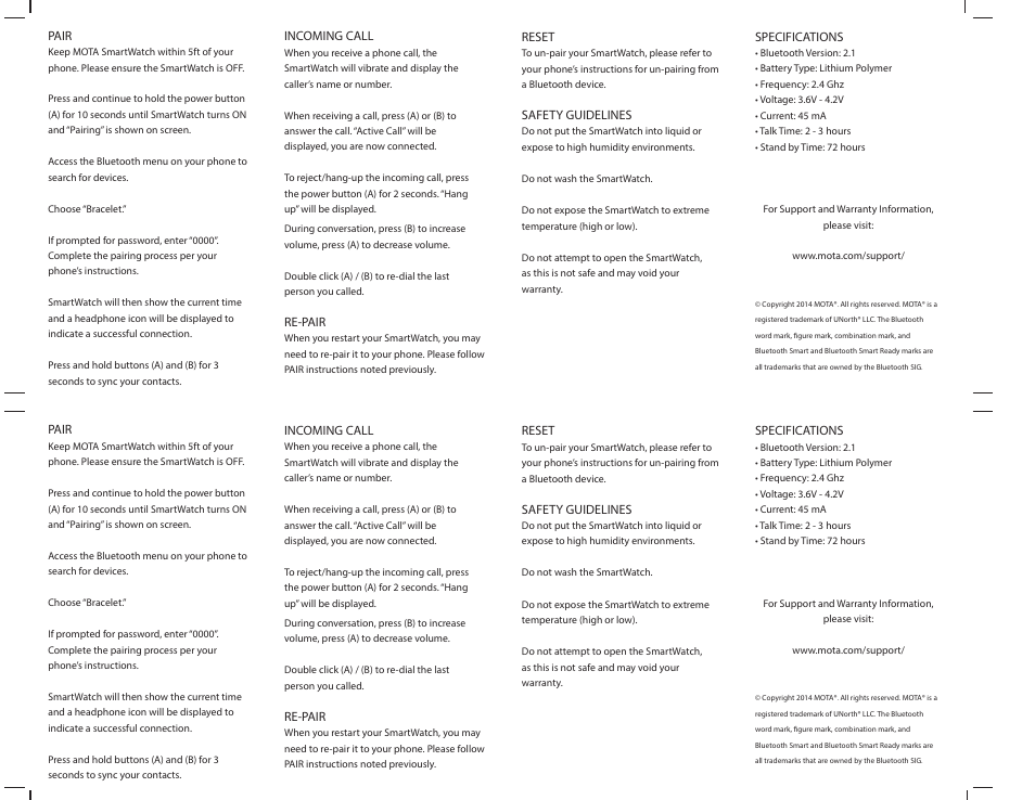 Mota-sm-manual-back | MOTA Smartwatch G1 User Manual | Page 2 / 2