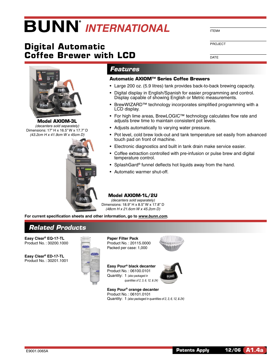 Bunn AXIOM-1L/2U User Manual | 2 pages