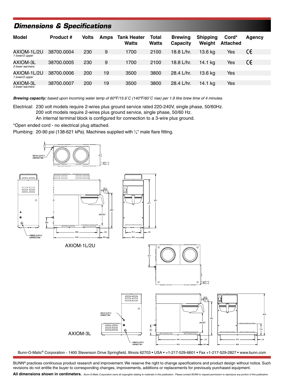 Dimensions & speciﬁcations | Bunn AXIOM-1L/2U User Manual | Page 2 / 2