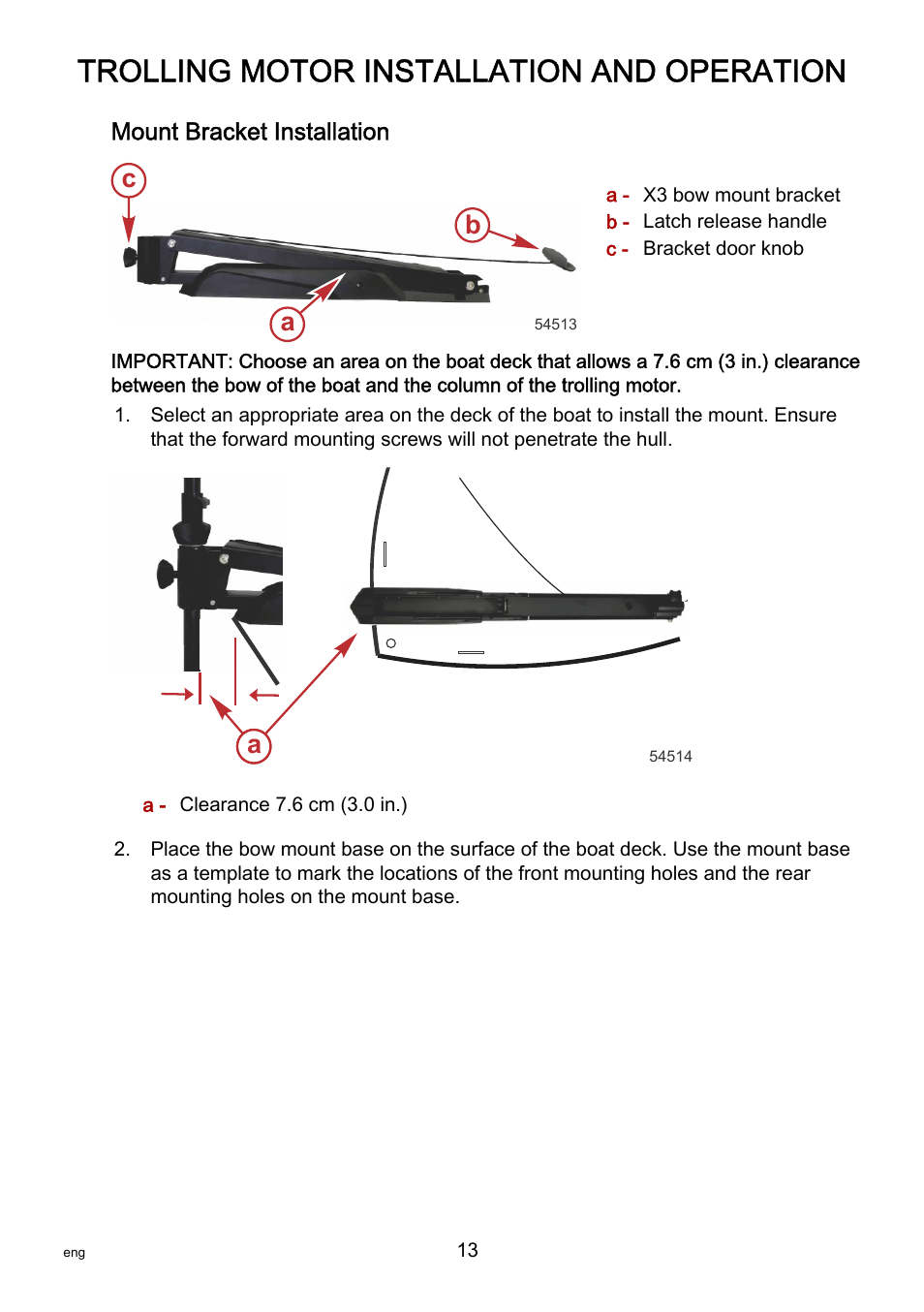 Trolling motor installation and operation, Mount bracket installation, Ab c | MotorGuide X3-40 User Manual | Page 17 / 36