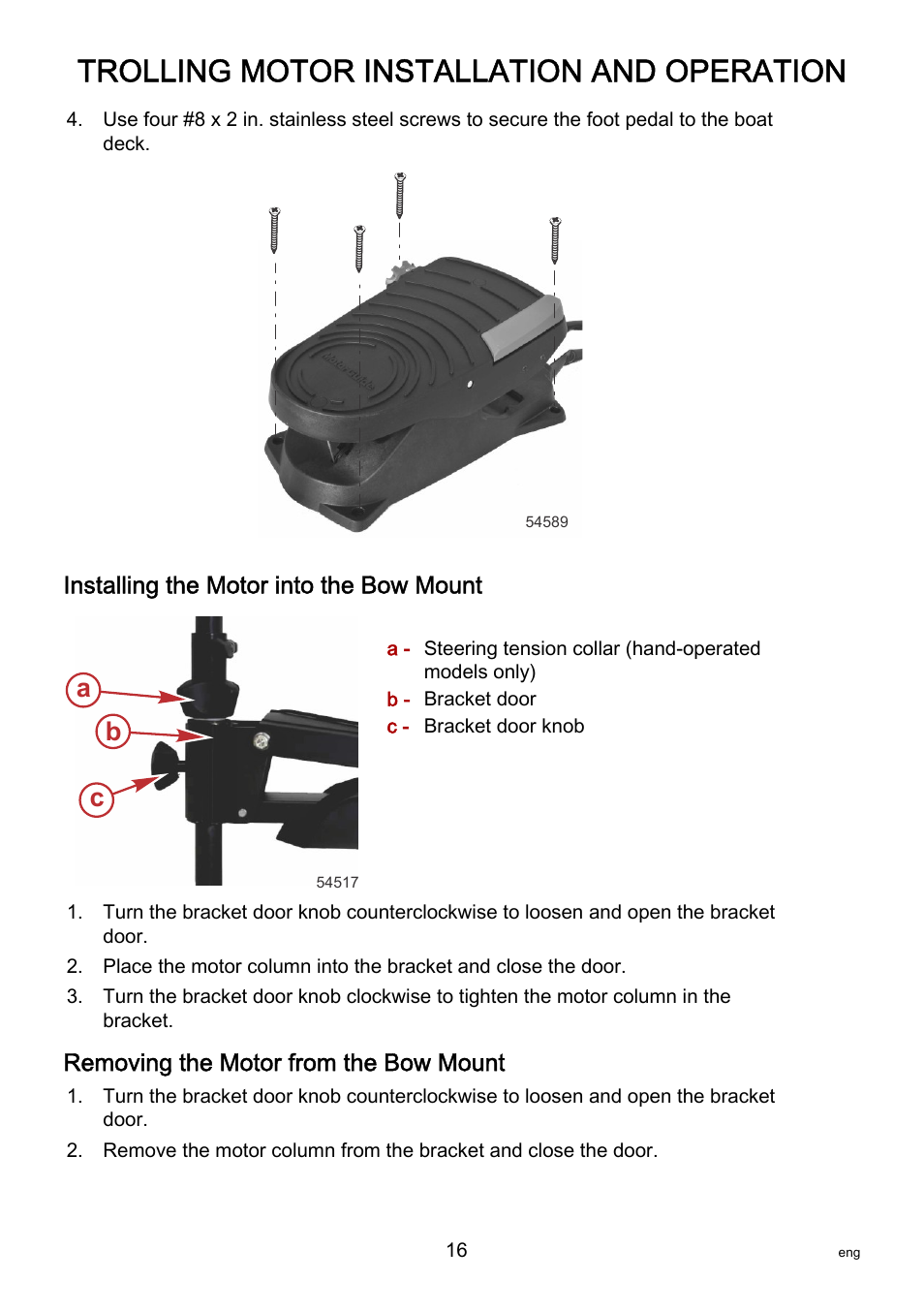 Installing the motor into the bow mount, Removing the motor from the bow mount, Trolling motor installation and operation | Ab c | MotorGuide X3-40 User Manual | Page 20 / 36