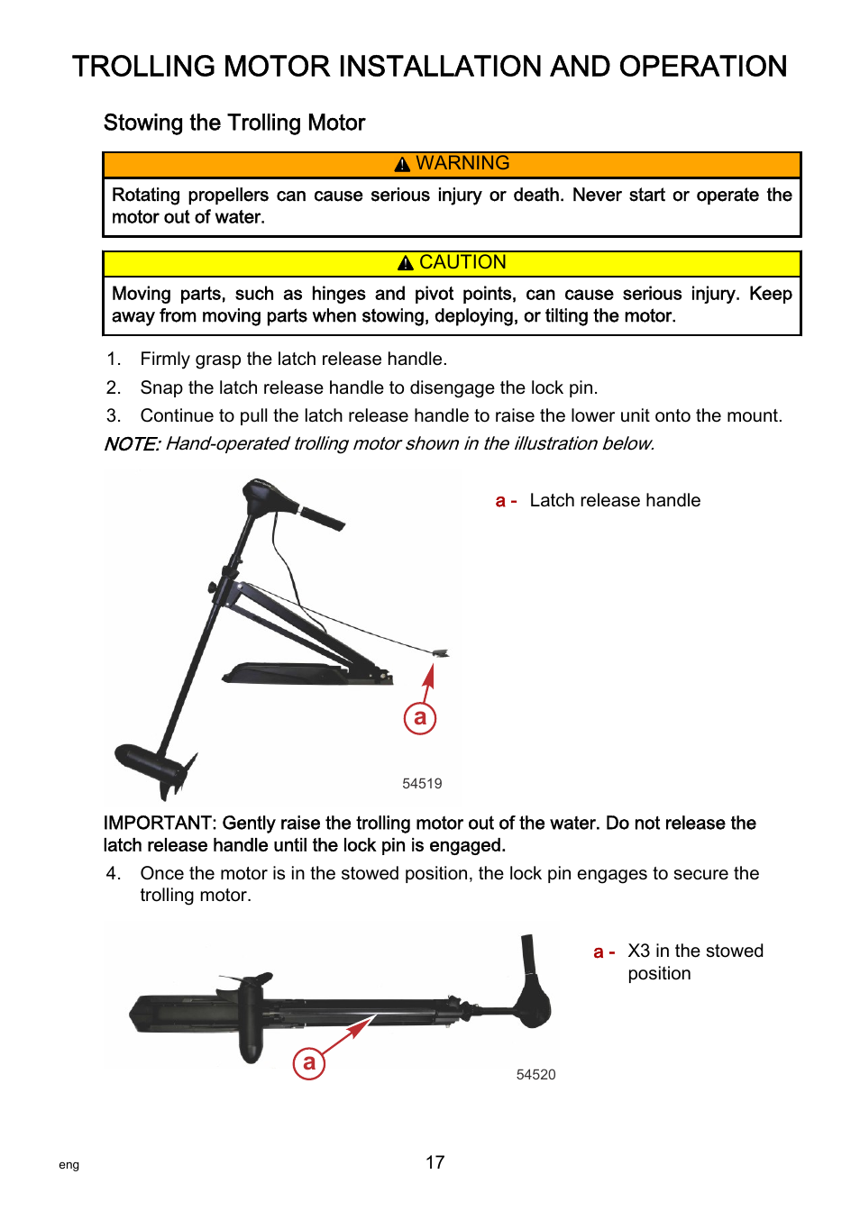 Stowing the trolling motor, Trolling motor installation and operation | MotorGuide X3-40 User Manual | Page 21 / 36