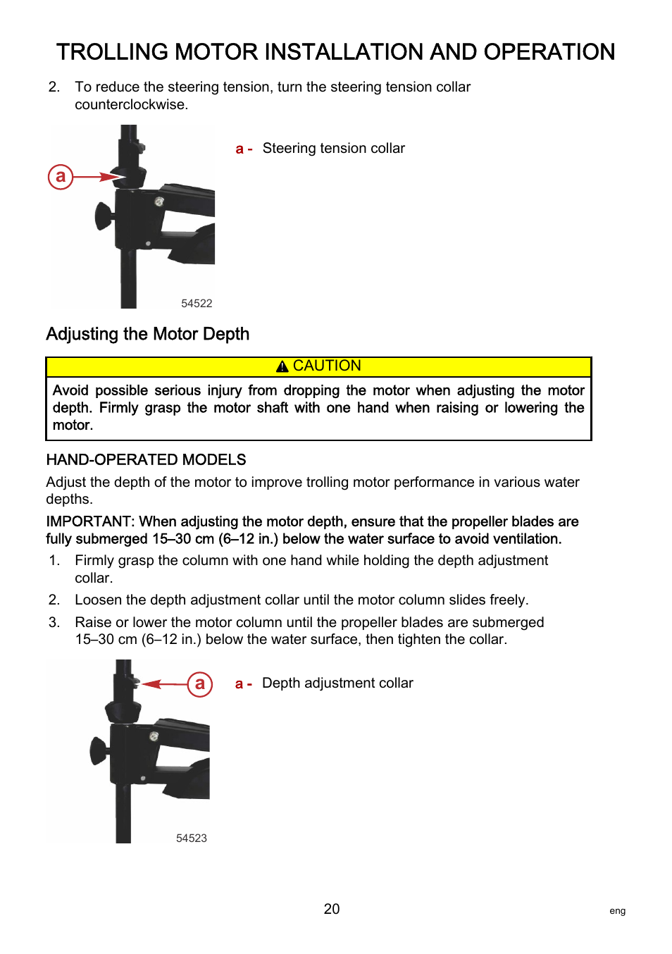 Adjusting the motor depth, Trolling motor installation and operation | MotorGuide X3-40 User Manual | Page 24 / 36