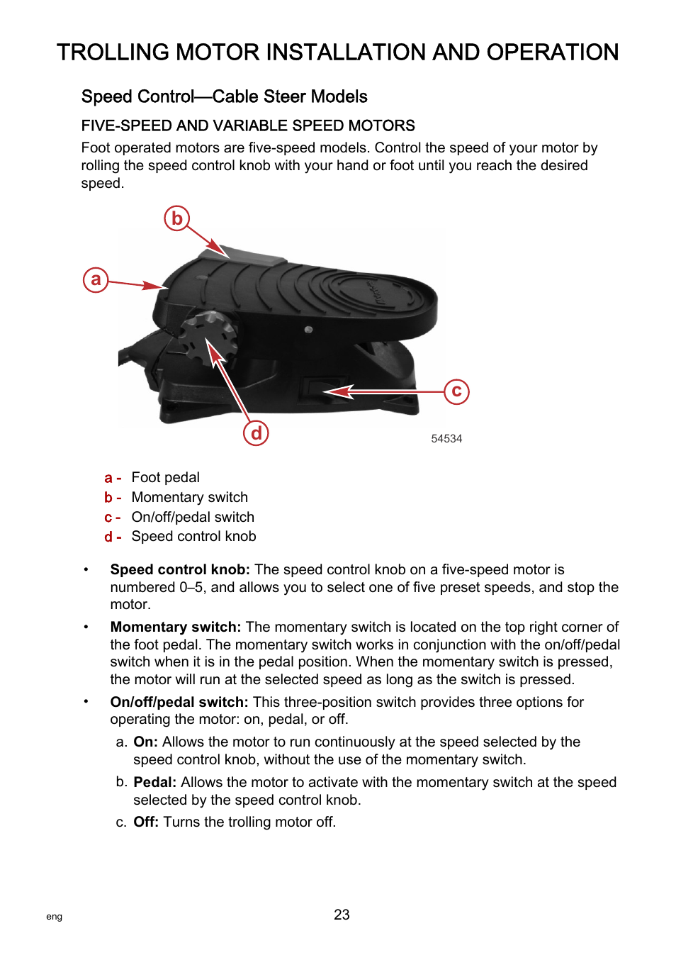 Speed control—cable steer models, Trolling motor installation and operation, Ab c d | MotorGuide X3-40 User Manual | Page 27 / 36