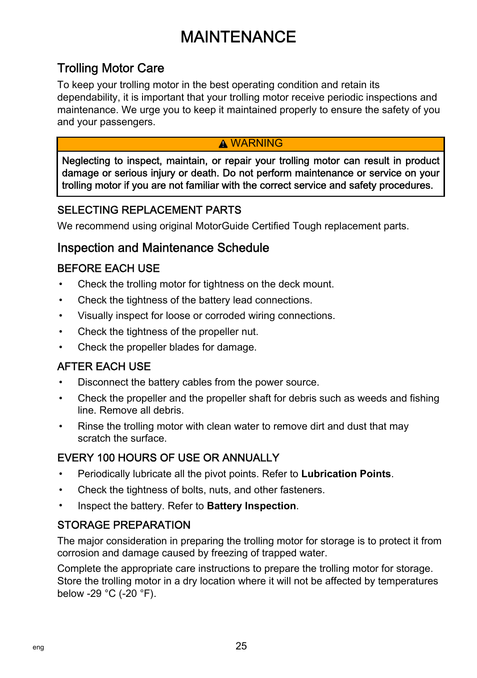 Maintenance, Trolling motor care, Inspection and maintenance schedule | MotorGuide X3-40 User Manual | Page 29 / 36