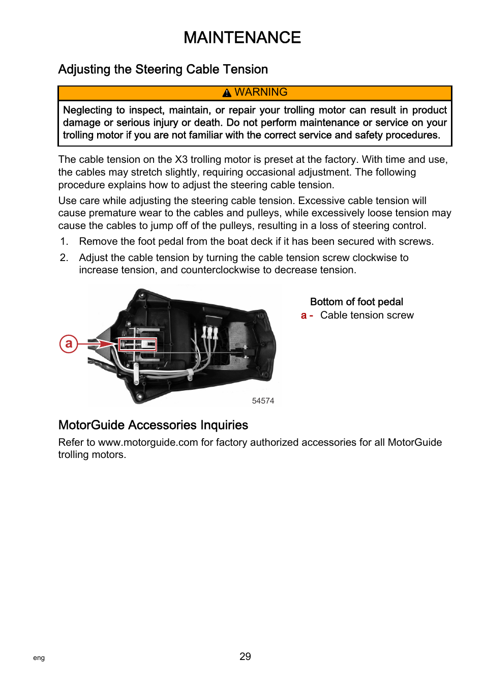 Adjusting the steering cable tension, Motorguide accessories inquiries, Maintenance | MotorGuide X3-40 User Manual | Page 33 / 36