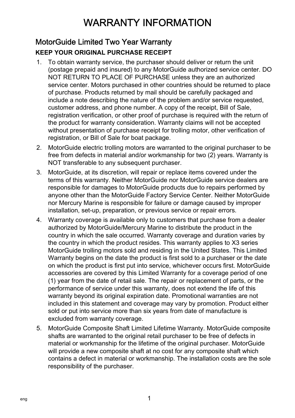 Warranty information, Motorguide limited two year warranty | MotorGuide X3-40 User Manual | Page 5 / 36