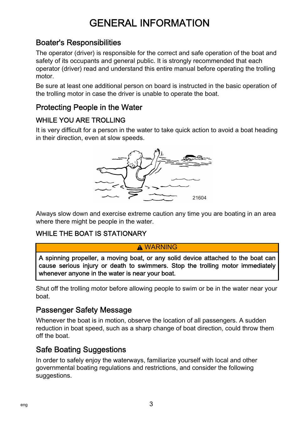 General information, Boater's responsibilities, Protecting people in the water | Passenger safety message, Safe boating suggestions | MotorGuide X3-40 User Manual | Page 7 / 36