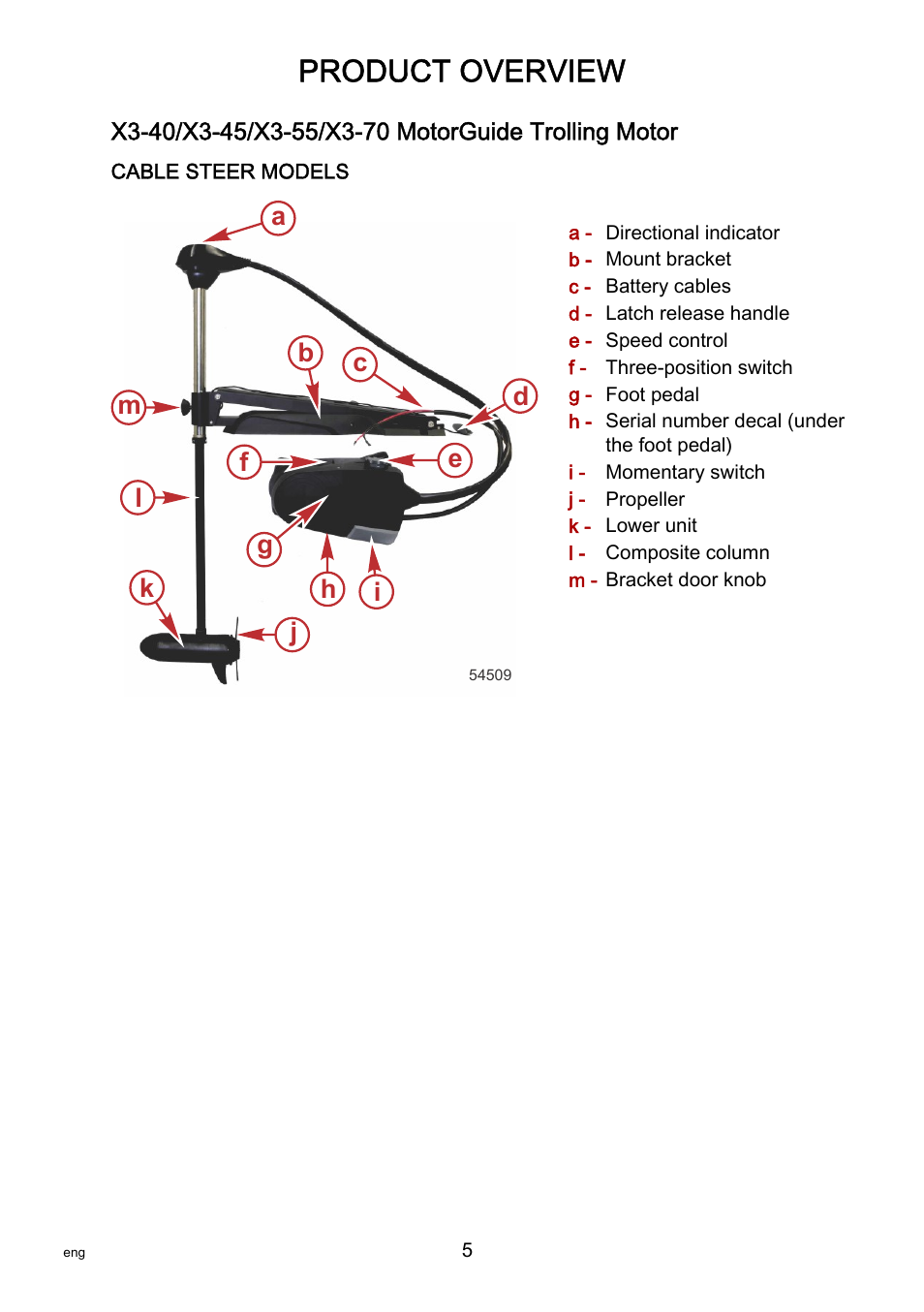 Product overview, X3-40/x3-45/x3-55/x3-70 motorguide trolling motor, X3‑40/x3‑45/x3‑55/x3‑70 motorguide trolling motor | MotorGuide X3-40 User Manual | Page 9 / 36