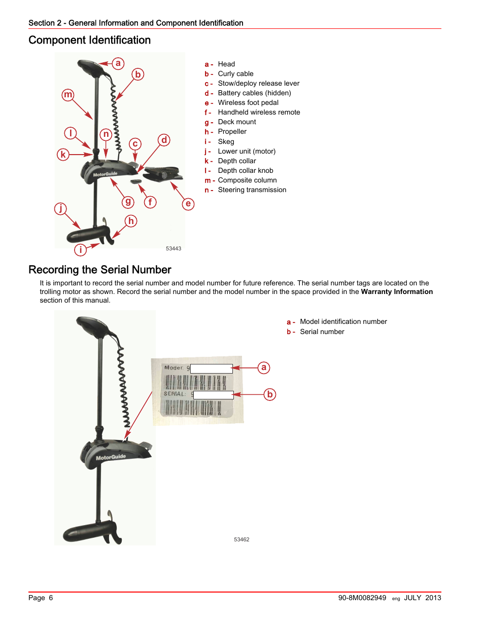 Component identification, Recording the serial number | MotorGuide Xi5 Wireless Trolling Motor User Manual | Page 10 / 38