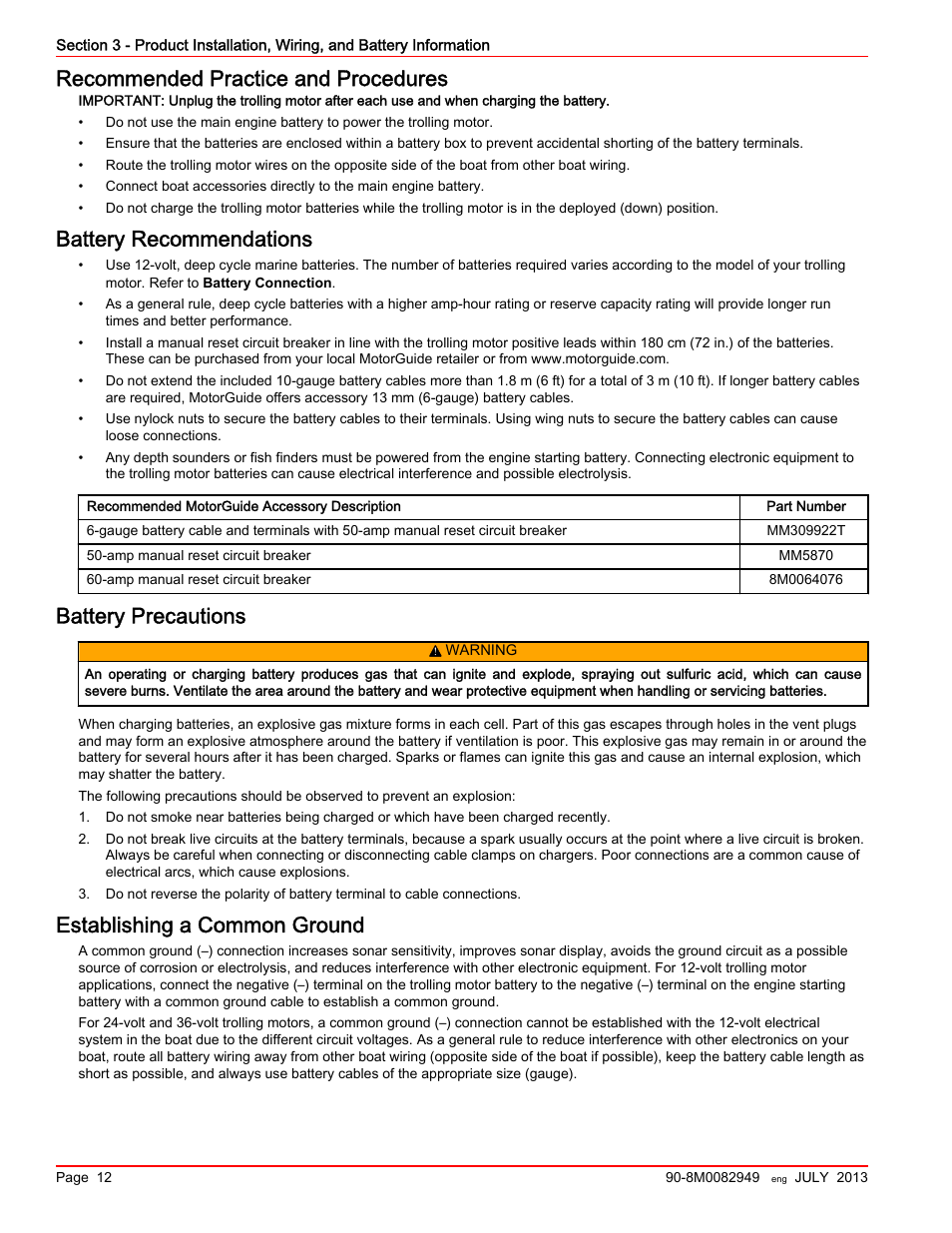 Recommended practice and procedures, Battery recommendations, Battery precautions | Establishing a common ground | MotorGuide Xi5 Wireless Trolling Motor User Manual | Page 16 / 38