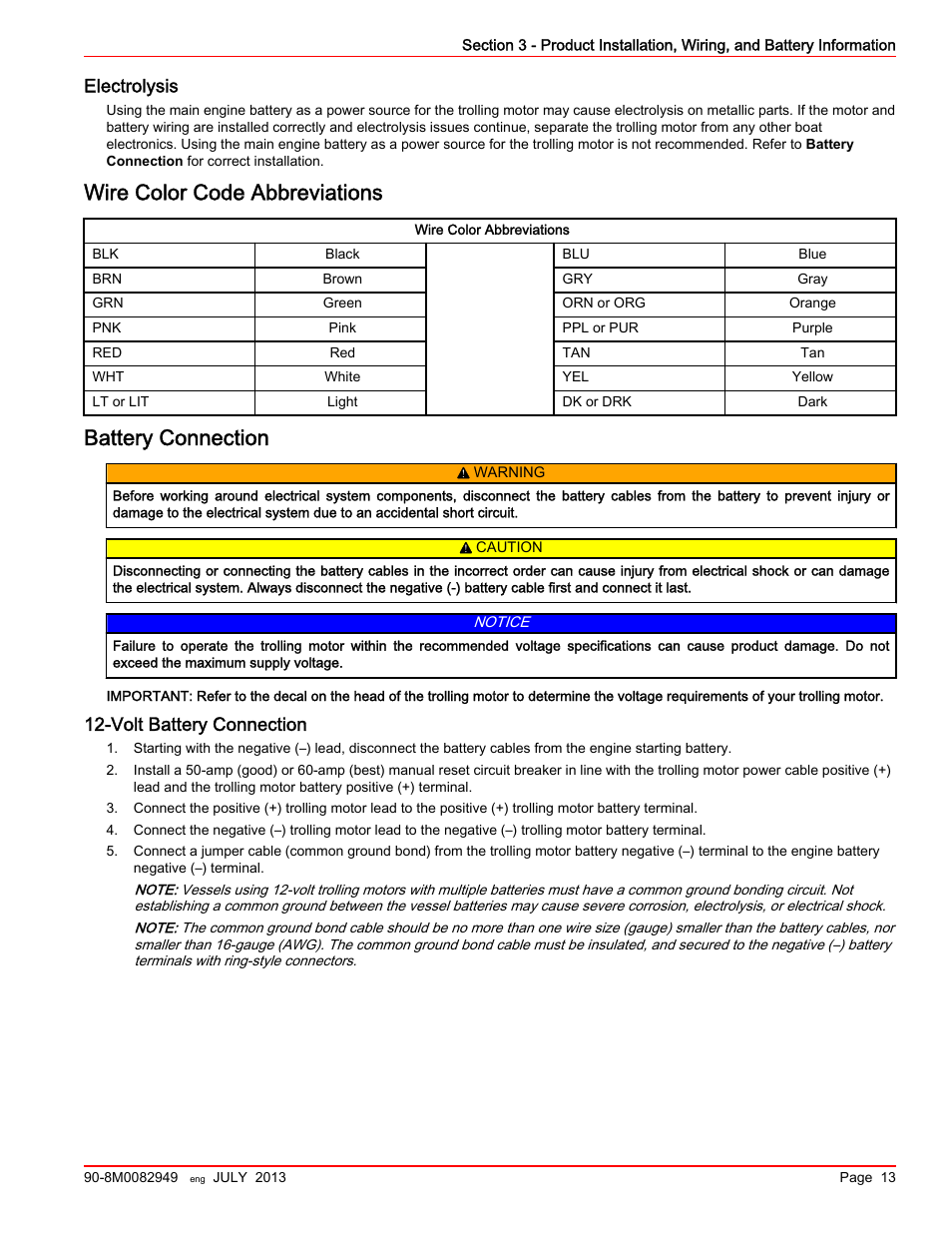 Electrolysis, Wire color code abbreviations, Battery connection | Volt battery connection, 12‑volt battery connection | MotorGuide Xi5 Wireless Trolling Motor User Manual | Page 17 / 38