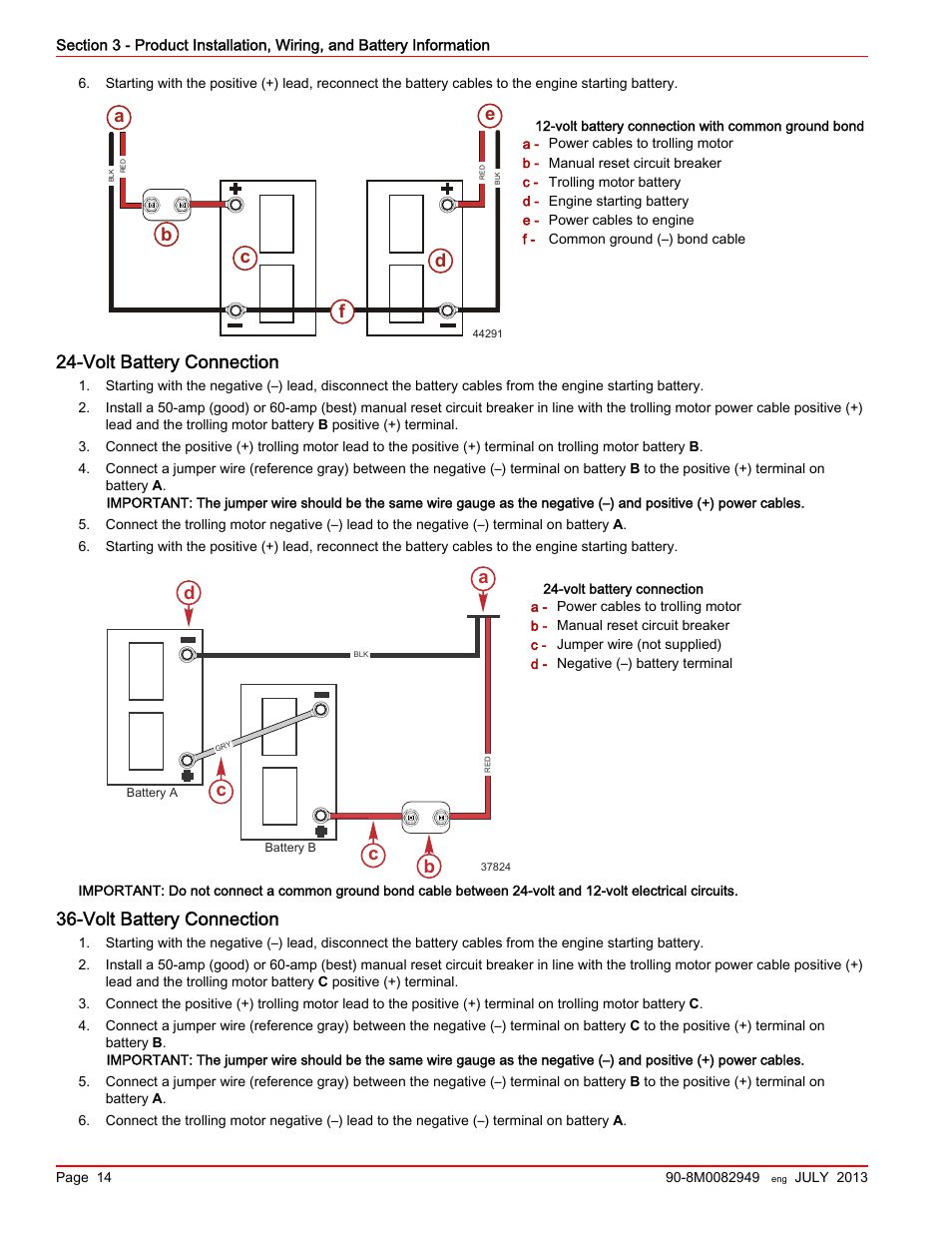 Volt battery connection, 24‑volt battery connection, 36‑volt battery connection | Ab c d e, Ab c d | MotorGuide Xi5 Wireless Trolling Motor User Manual | Page 18 / 38
