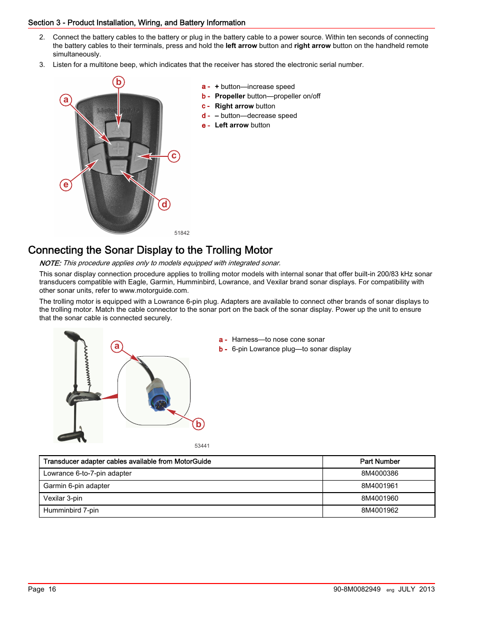 Connecting the sonar display to the trolling motor, Ba c d e | MotorGuide Xi5 Wireless Trolling Motor User Manual | Page 20 / 38