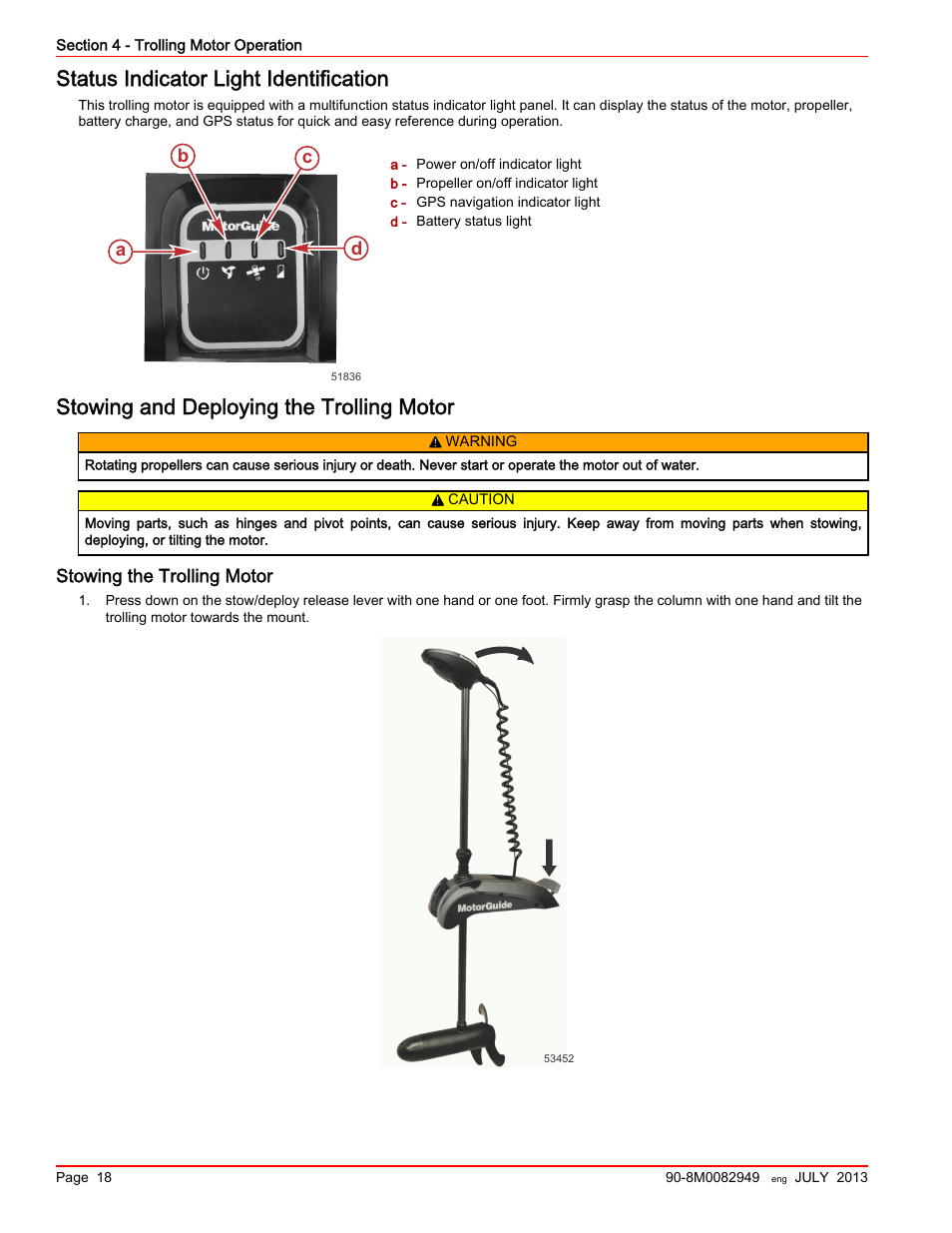 Status indicator light identification, Stowing and deploying the trolling motor, Stowing the trolling motor | Ab c d | MotorGuide Xi5 Wireless Trolling Motor User Manual | Page 22 / 38