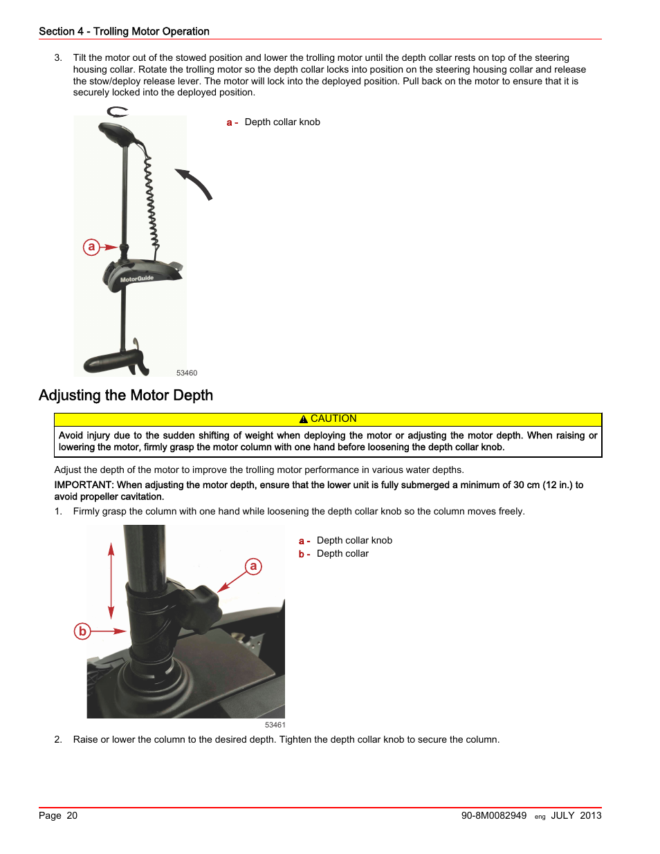 Adjusting the motor depth | MotorGuide Xi5 Wireless Trolling Motor User Manual | Page 24 / 38