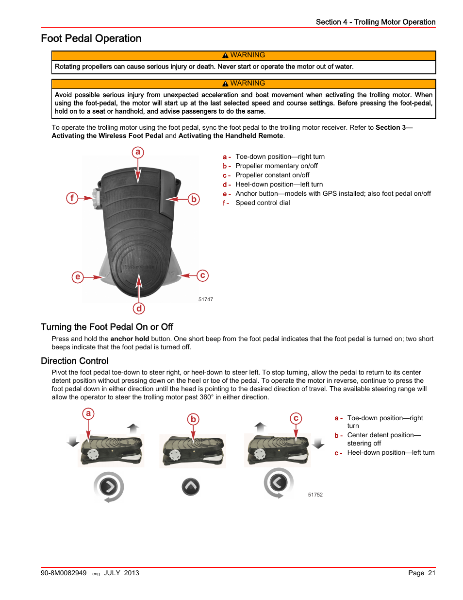 Foot pedal operation, Turning the foot pedal on or off, Direction control | MotorGuide Xi5 Wireless Trolling Motor User Manual | Page 25 / 38