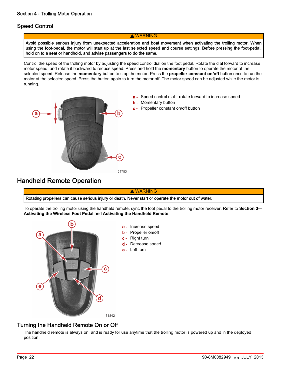 Speed control, Handheld remote operation, Turning the handheld remote on or off | MotorGuide Xi5 Wireless Trolling Motor User Manual | Page 26 / 38