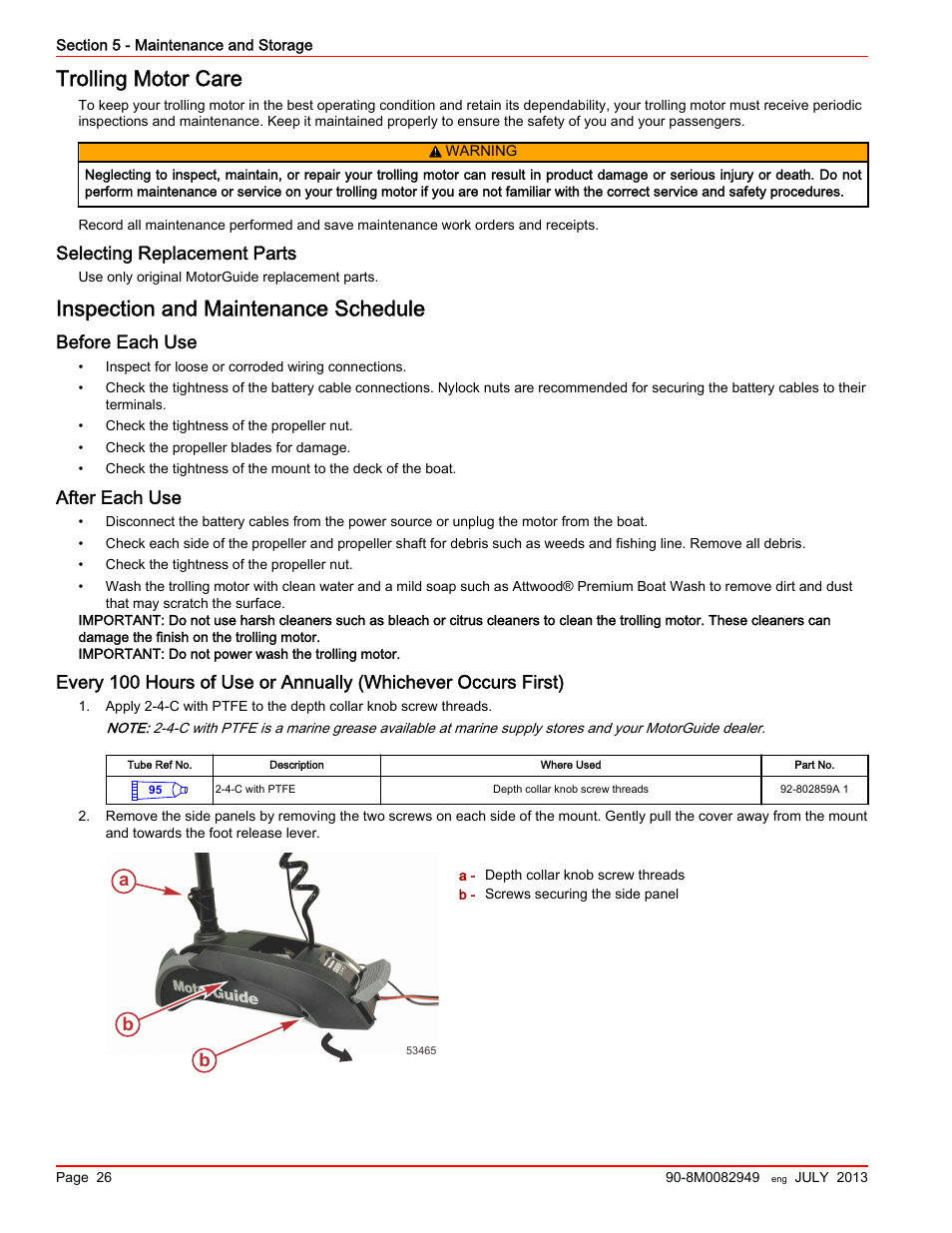 Trolling motor care, Selecting replacement parts, Inspection and maintenance schedule | Before each use, After each use, First) | MotorGuide Xi5 Wireless Trolling Motor User Manual | Page 30 / 38