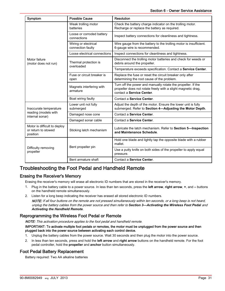 Troubleshooting the foot pedal and handheld remote, Erasing the receiver's memory, Reprogramming the wireless foot pedal or remote | Foot pedal battery replacement | MotorGuide Xi5 Wireless Trolling Motor User Manual | Page 35 / 38