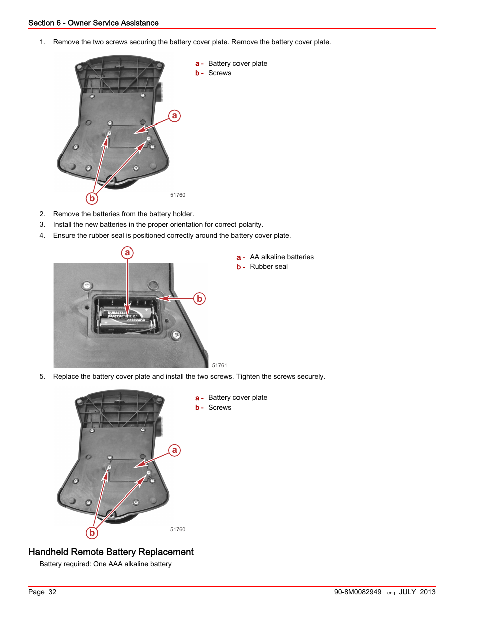 Handheld remote battery replacement, Ab a | MotorGuide Xi5 Wireless Trolling Motor User Manual | Page 36 / 38