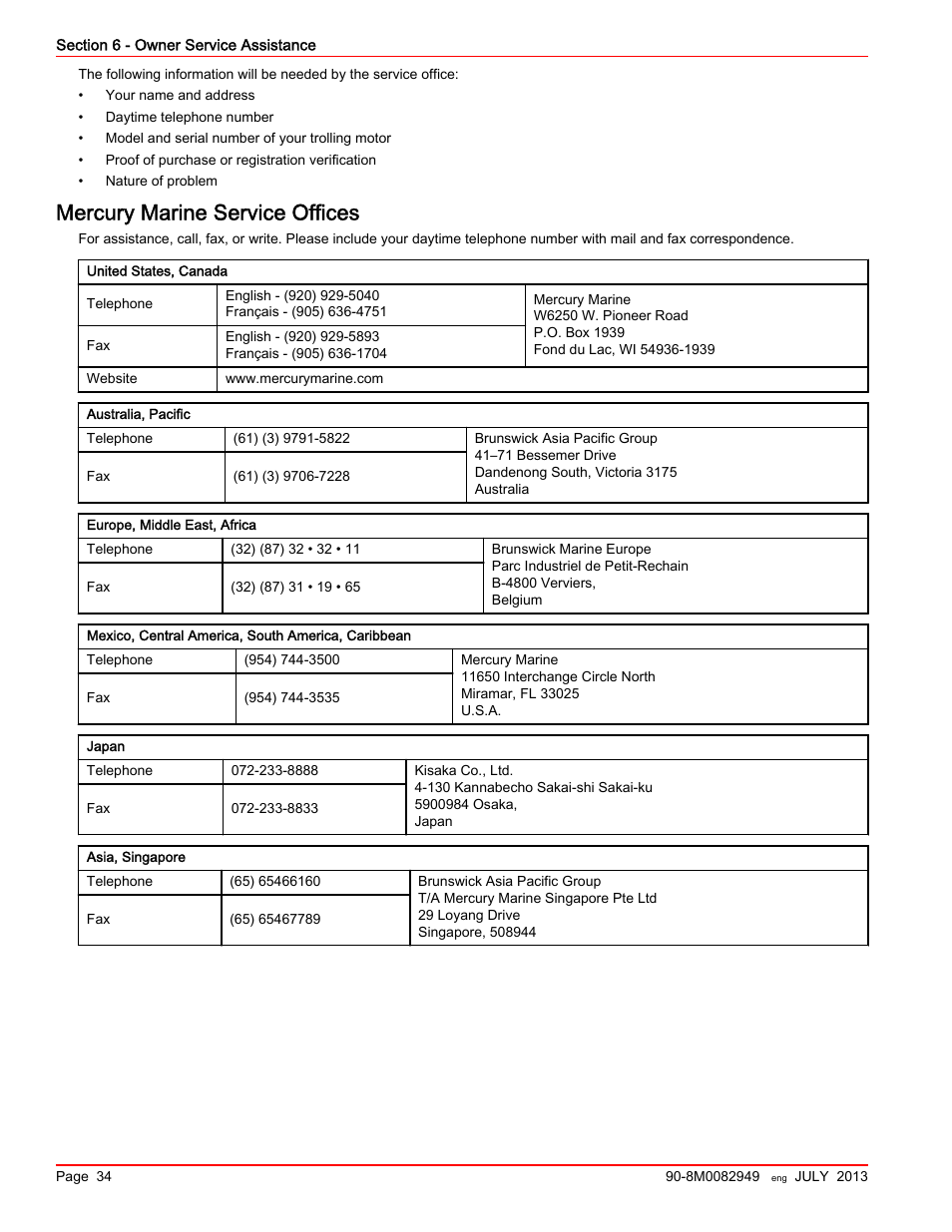 Mercury marine service offices | MotorGuide Xi5 Wireless Trolling Motor User Manual | Page 38 / 38