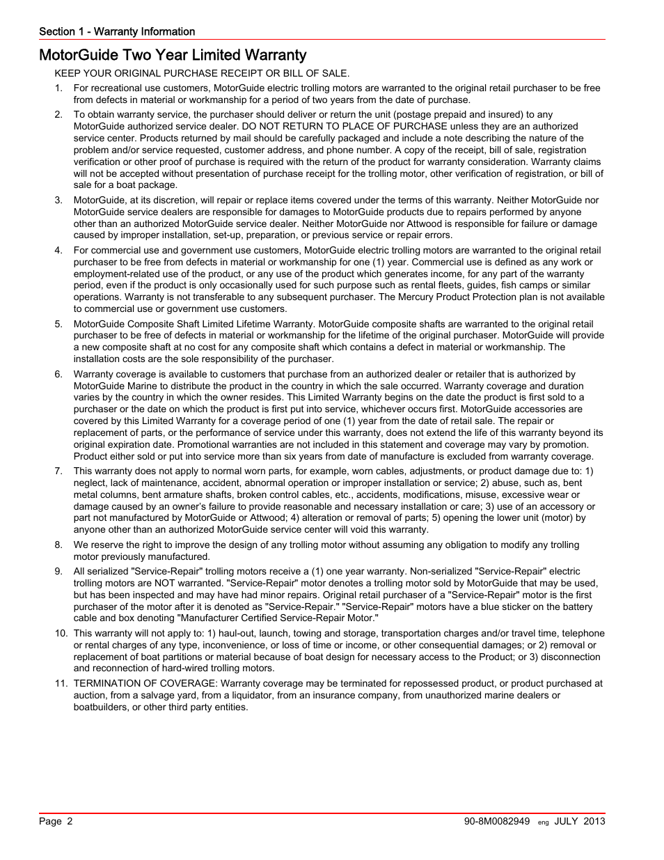 Motorguide two year limited warranty | MotorGuide Xi5 Wireless Trolling Motor User Manual | Page 6 / 38
