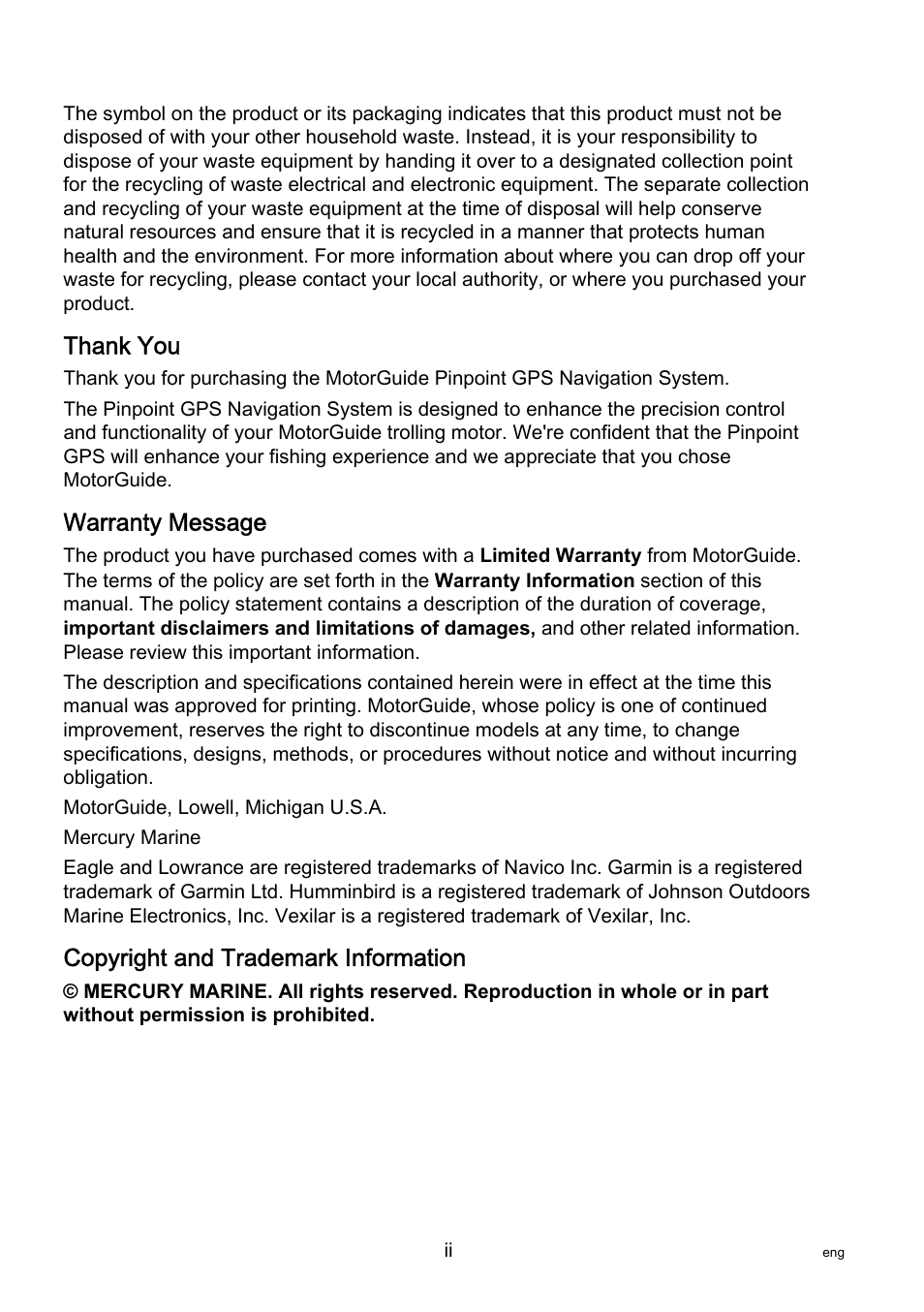 Thank you, Warranty message, Copyright and trademark information | MotorGuide Pinpoint GPS User Manual | Page 2 / 33