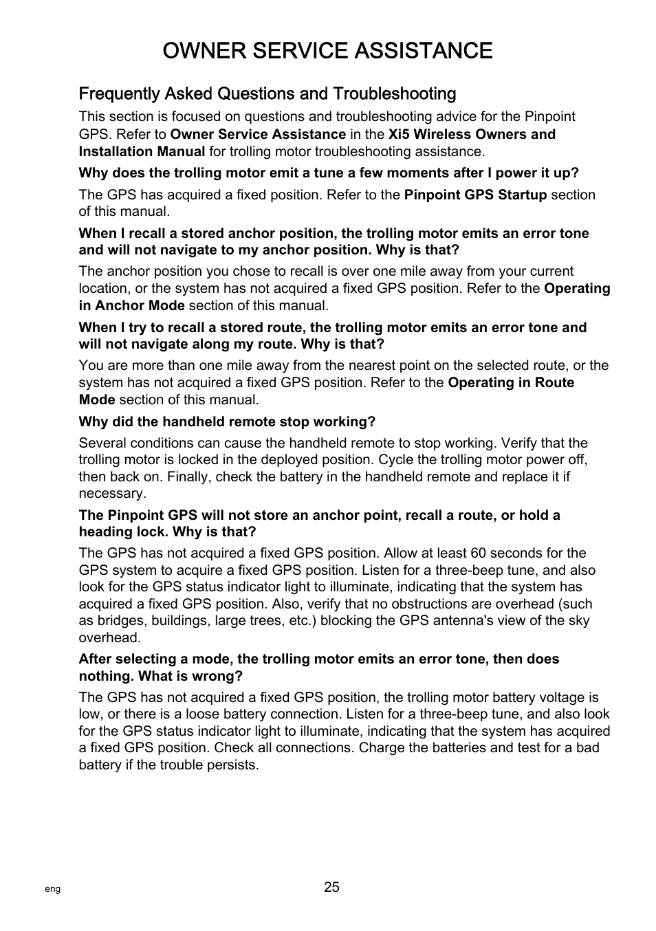 Owner service assistance, Frequently asked questions and troubleshooting | MotorGuide Pinpoint GPS User Manual | Page 31 / 33