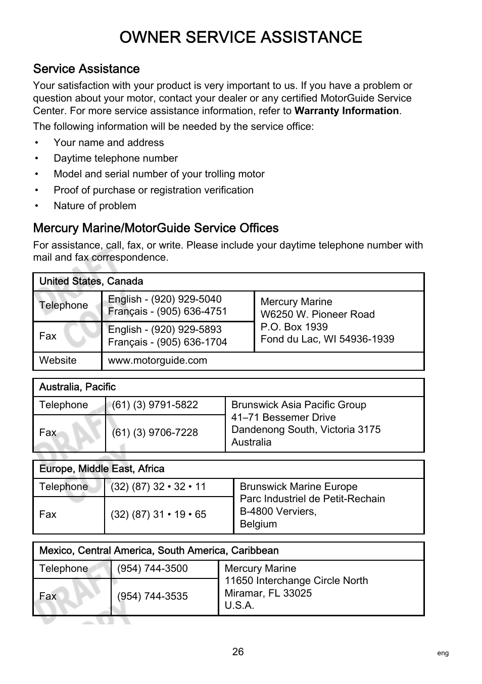 Service assistance, Mercury marine/motorguide service offices, Owner service assistance | MotorGuide Pinpoint GPS User Manual | Page 32 / 33