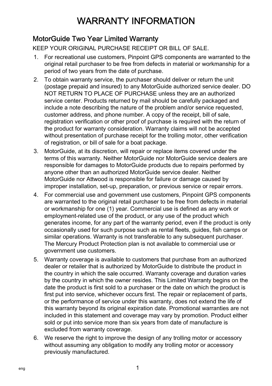Warranty information, Motorguide two year limited warranty | MotorGuide Pinpoint GPS User Manual | Page 7 / 33