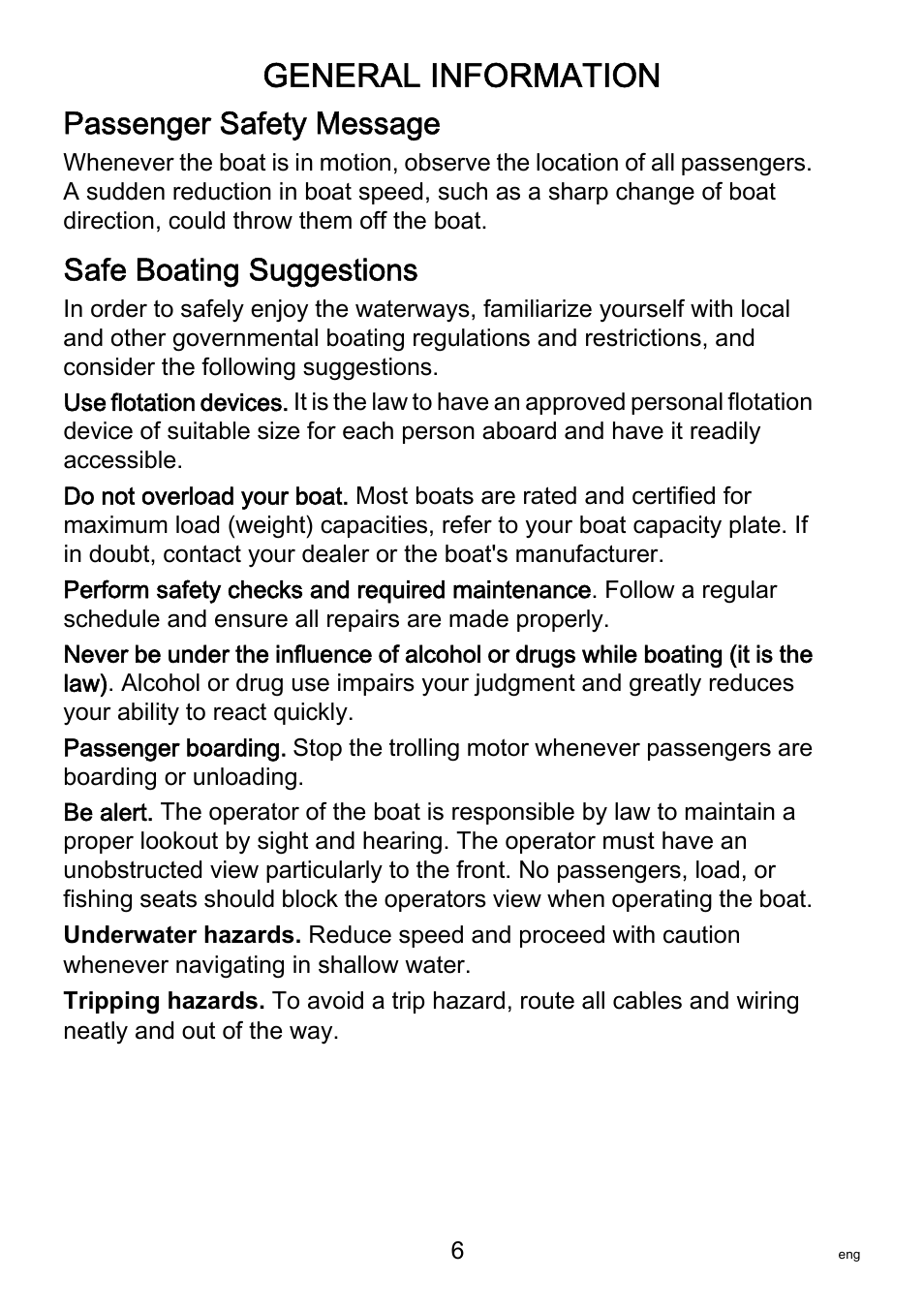 Passenger safety message, Safe boating suggestions, General information | MotorGuide VariMAX User Manual | Page 10 / 53