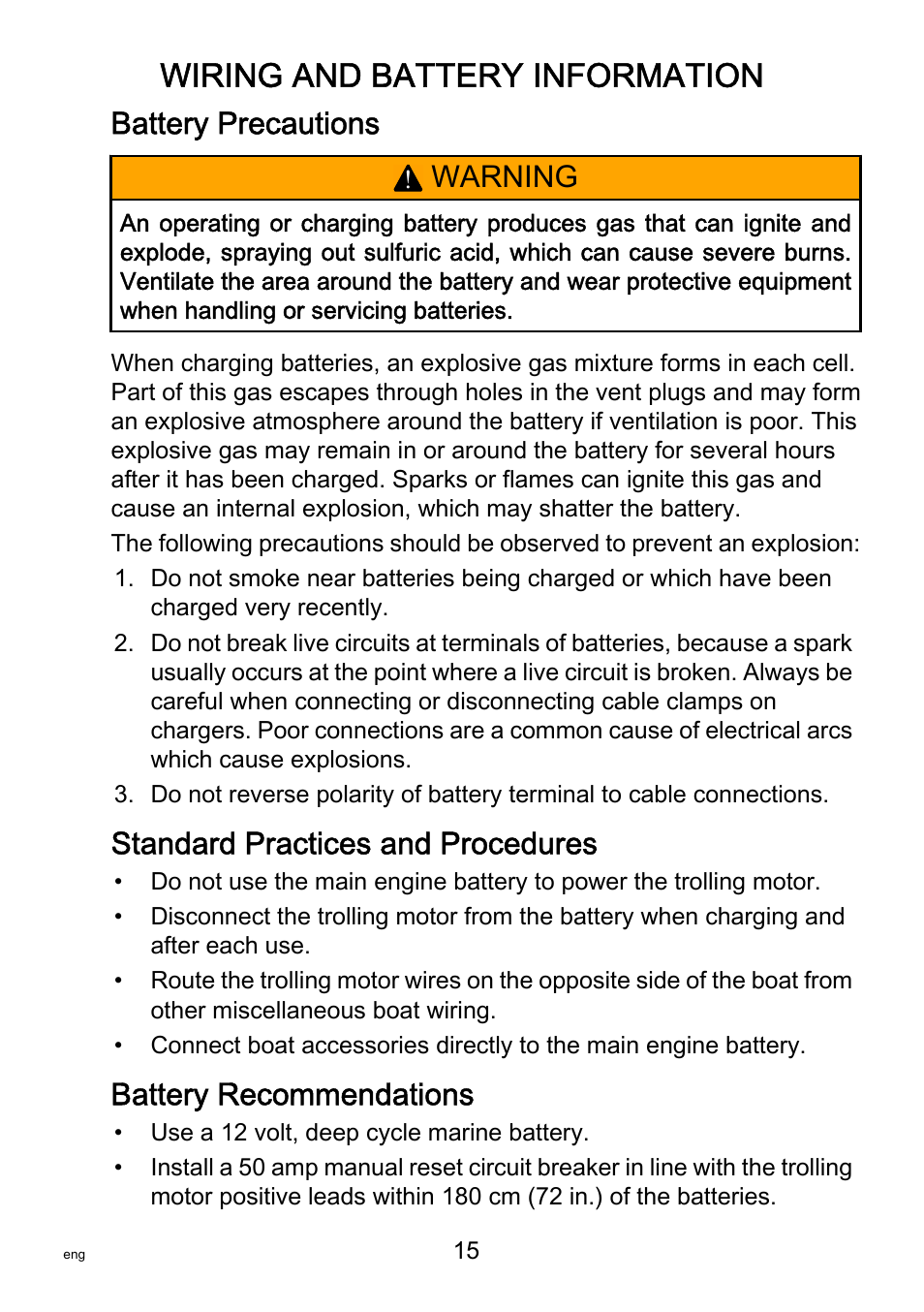 Wiring and battery information, Battery precautions, Standard practices and procedures | Battery recommendations, Warning | MotorGuide VariMAX User Manual | Page 19 / 53