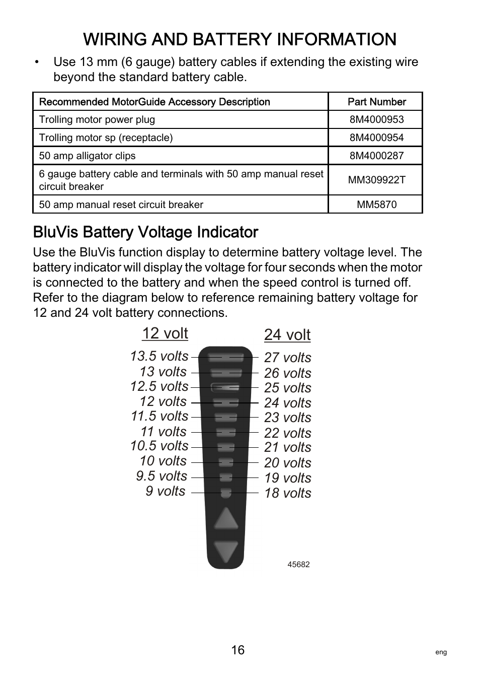 Bluvis battery voltage indicator, Wiring and battery information, 12 volt 24 volt | MotorGuide VariMAX User Manual | Page 20 / 53