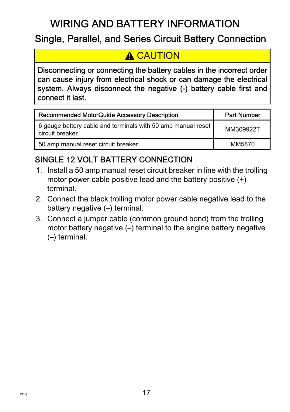 Wiring and battery information, Caution | MotorGuide VariMAX User Manual | Page 21 / 53