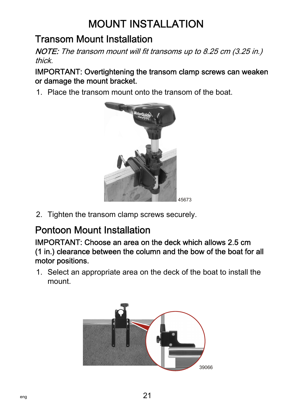 Mount installation, Transom mount installation, Pontoon mount installation | MotorGuide VariMAX User Manual | Page 25 / 53