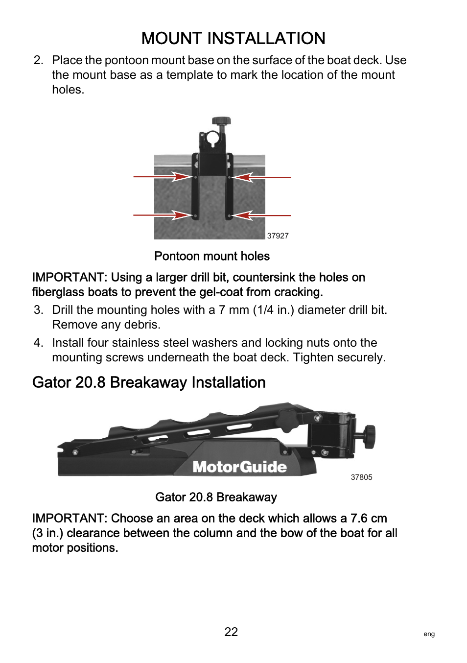Gator 20.8 breakaway installation, Mount installation | MotorGuide VariMAX User Manual | Page 26 / 53