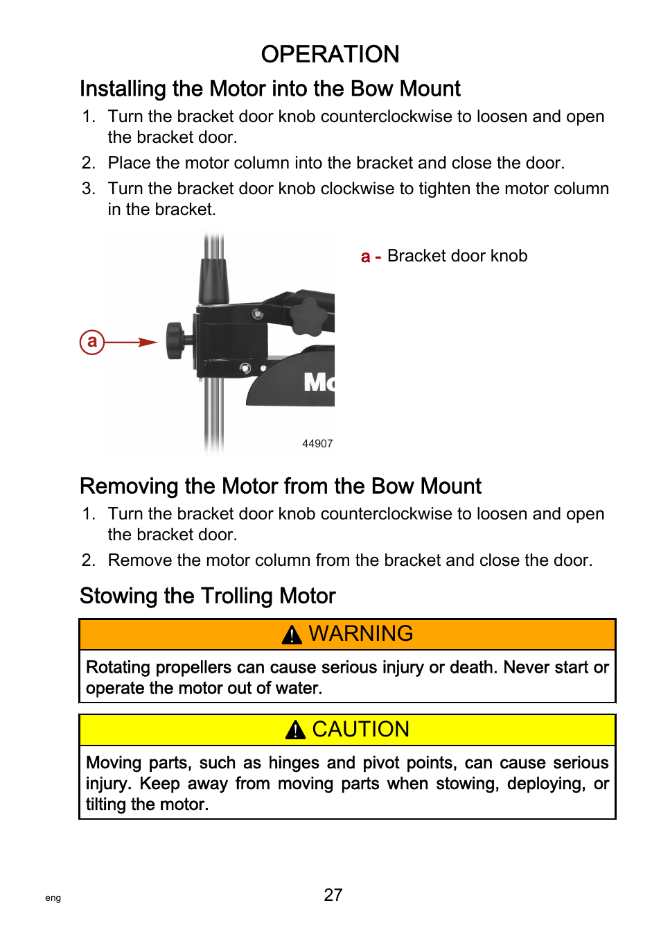 Operation, Installing the motor into the bow mount, Removing the motor from the bow mount | Stowing the trolling motor, Warning, Caution | MotorGuide VariMAX User Manual | Page 31 / 53