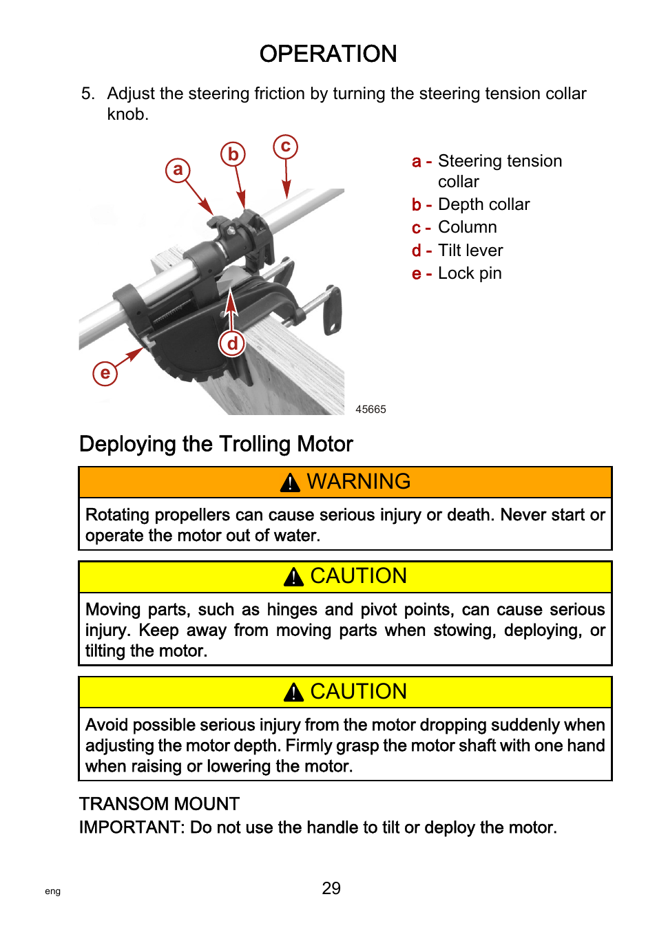Deploying the trolling motor, Operation, Warning | Caution | MotorGuide VariMAX User Manual | Page 33 / 53