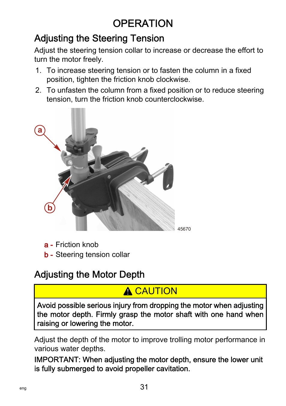 Adjusting the steering tension, Adjusting the motor depth, Operation | Caution | MotorGuide VariMAX User Manual | Page 35 / 53