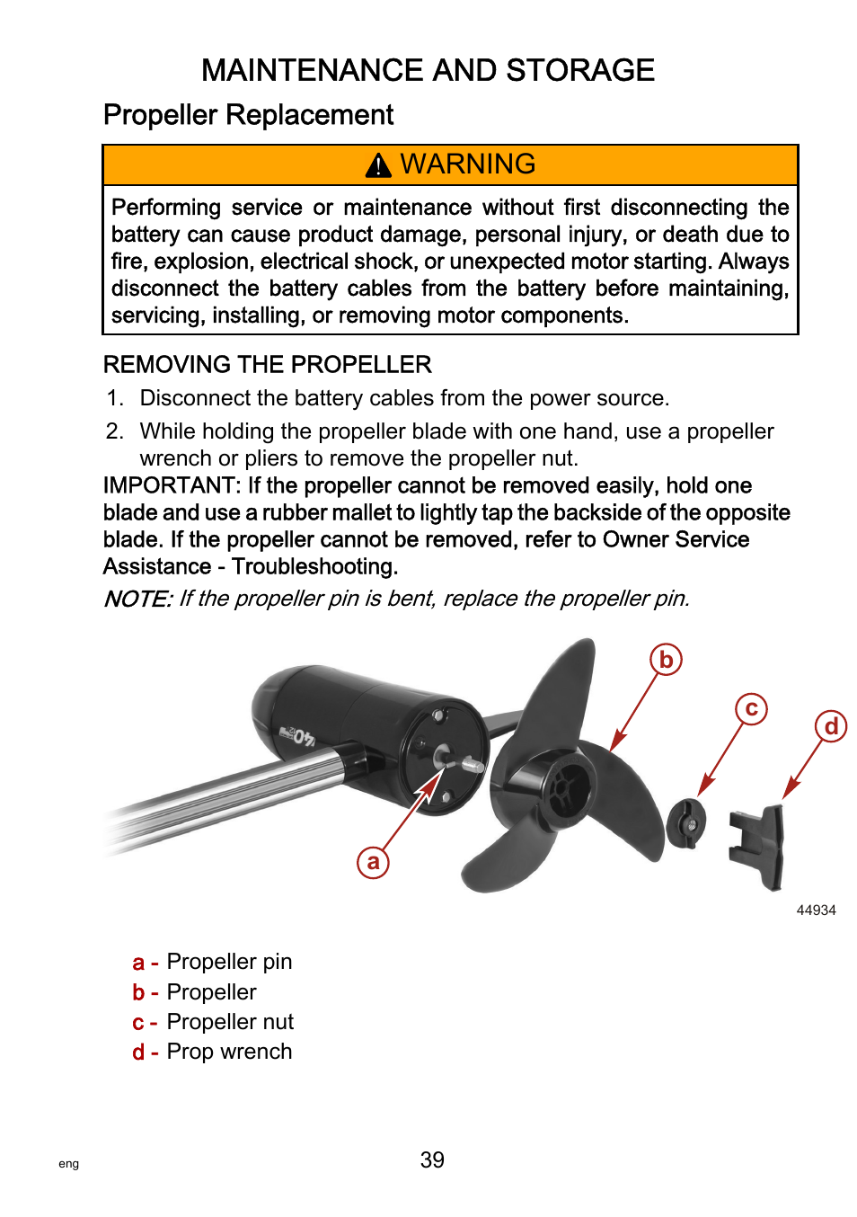 Propeller replacement, Maintenance and storage, Warning | MotorGuide VariMAX User Manual | Page 43 / 53