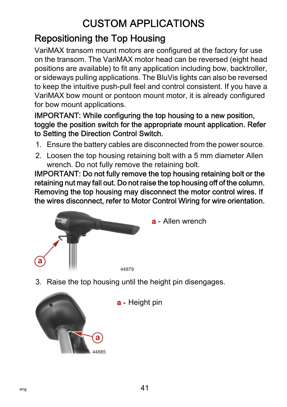 Custom applications, Repositioning the top housing | MotorGuide VariMAX User Manual | Page 45 / 53